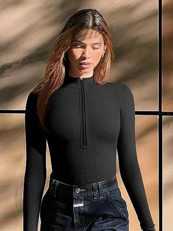 Bodysuits- Ribbed Fitted Bodysuit with Long Sleeves and Half Zip-Up- Black- Pekosa Women Clothing