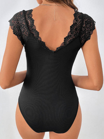 Bodysuits- Sleeveless Ribbed Bodysuit with V-Neck and Lace Accents- - Pekosa Women Fashion