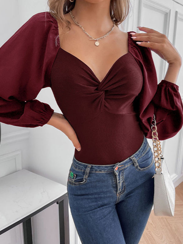 Bodysuits- Solid Fitted Balloon Sleeve Square Back Bodysuit- Wine Red- Pekosa Women Clothing