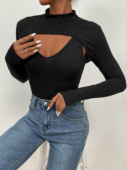 Bodysuits- Solid Ribbed Long Sleeve High Neck Tight Bodysuit- - Pekosa Women Clothing