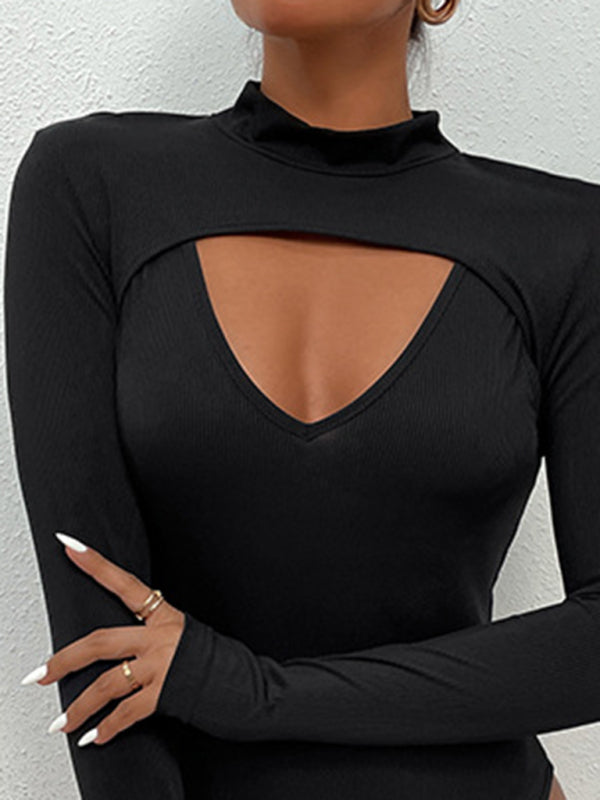 Bodysuits- Solid Ribbed Long Sleeve High Neck Tight Bodysuit- - Pekosa Women Clothing