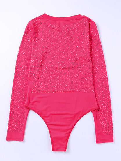 Bodysuits- Sparkle Long Sleeve Beaded Rhinestone Body Top- - Pekosa Women Clothing