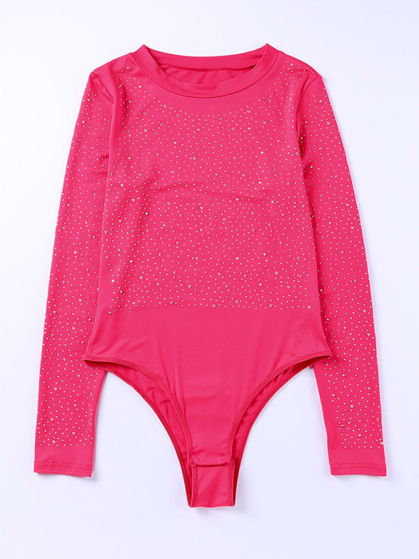 Bodysuits- Sparkle Long Sleeve Beaded Rhinestone Body Top- - Pekosa Women Clothing