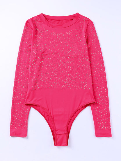 Bodysuits- Sparkle Long Sleeve Beaded Rhinestone Body Top- - Pekosa Women Clothing