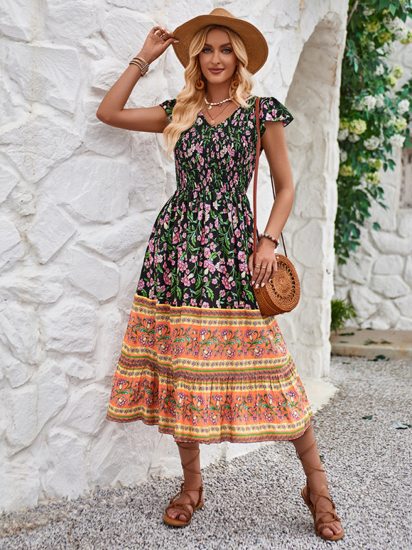 Boho Dresses- Boho A-Line Floral Midi Dress with Short Sleeves & Smocked Bodice- - Pekosa Women Clothing