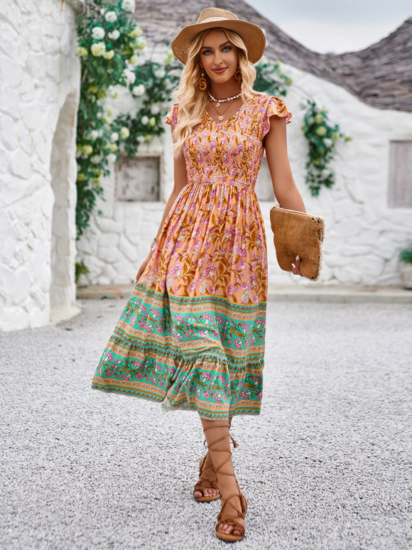 Boho Dresses- Boho A-Line Floral Midi Dress with Short Sleeves & Smocked Bodice- - Pekosa Women Clothing