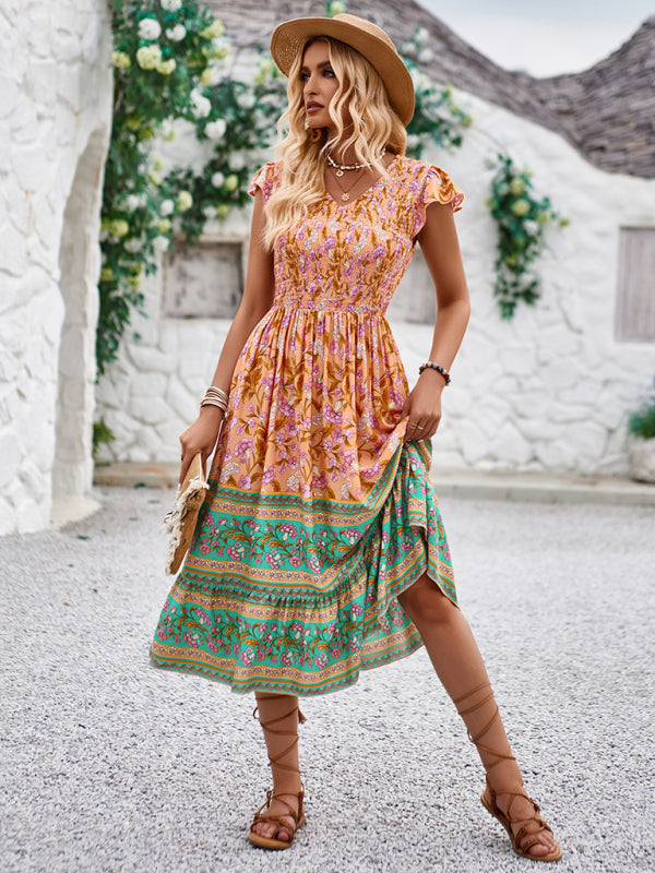 Boho Dresses- Boho A-Line Floral Midi Dress with Short Sleeves & Smocked Bodice- - Pekosa Women Clothing