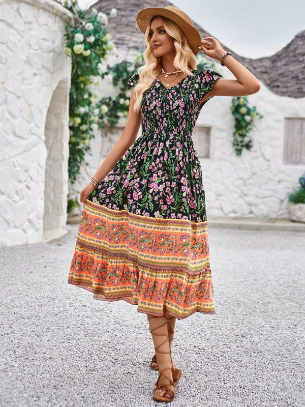 Boho Dresses- Boho A-Line Floral Midi Dress with Short Sleeves & Smocked Bodice- - Pekosa Women Clothing