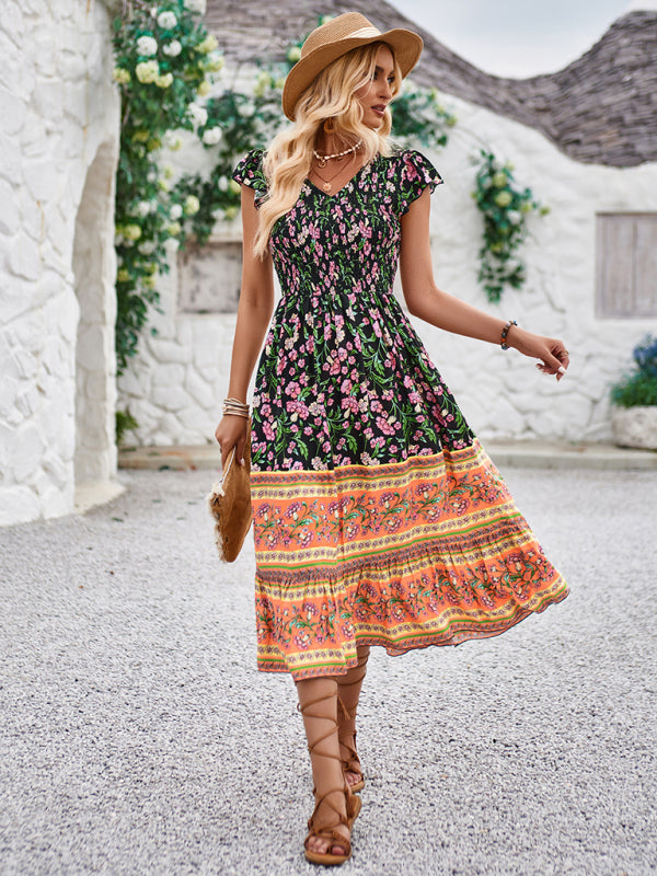 Boho Dresses- Boho A-Line Floral Midi Dress with Short Sleeves & Smocked Bodice- - Pekosa Women Clothing