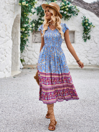 Boho Dresses- Boho A-Line Floral Midi Dress with Short Sleeves & Smocked Bodice- Blue- Pekosa Women Clothing