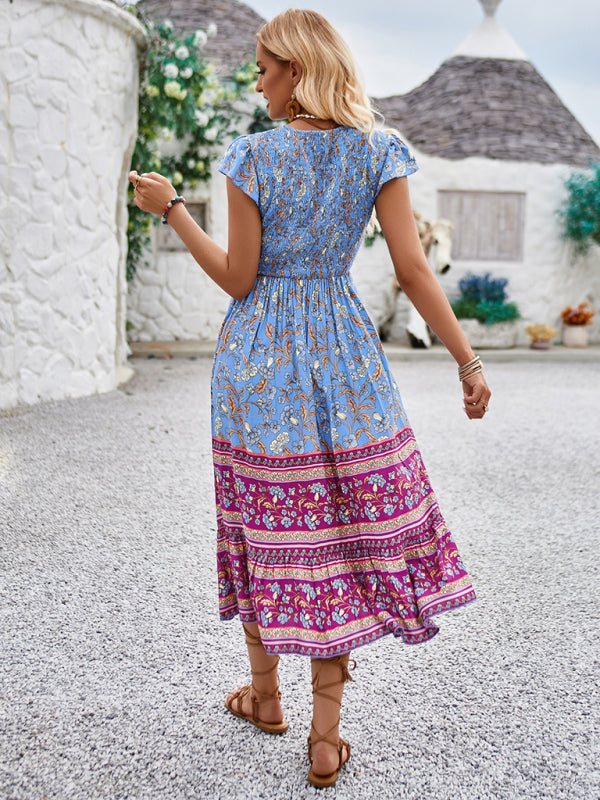 Boho Dresses- Boho A-Line Floral Midi Dress with Short Sleeves & Smocked Bodice- - Pekosa Women Clothing