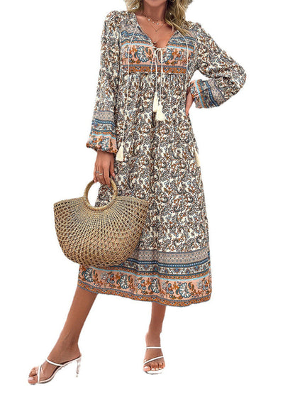 Boho Dresses- Boho Floral Print V-Neck Tunic Midi Dress with Long Sleeves- - Pekosa Women Fashion