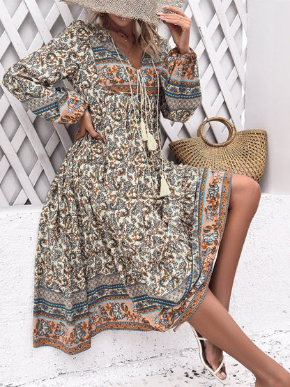 Boho Dresses- Boho Floral Print V-Neck Tunic Midi Dress with Long Sleeves- Cream- Pekosa Women Fashion