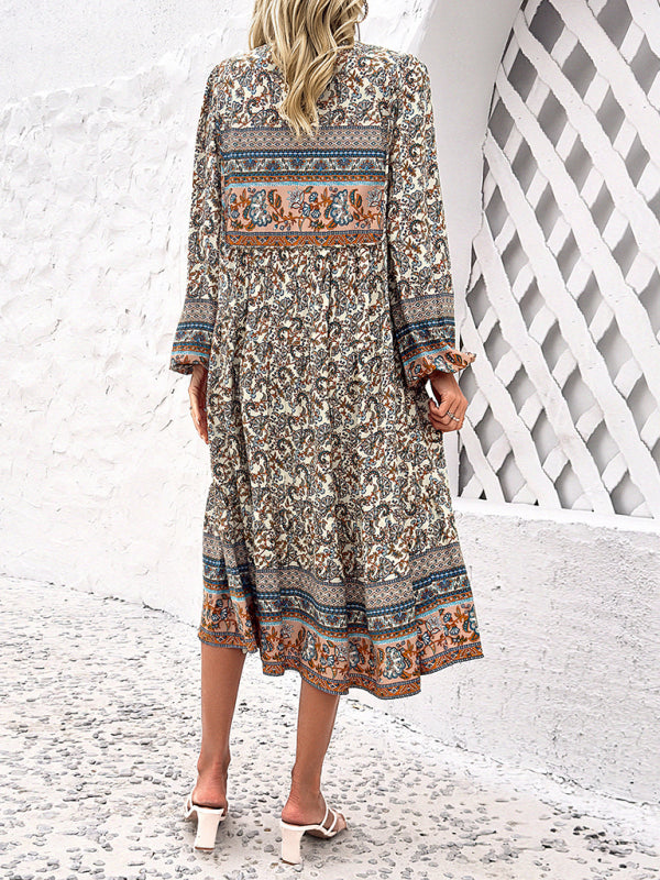 Boho Dresses- Boho Floral Print V-Neck Tunic Midi Dress with Long Sleeves- - Pekosa Women Fashion