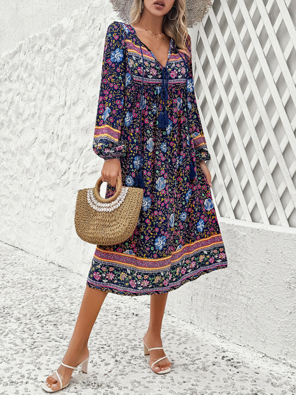 Boho Dresses- Boho Floral V-Neck Tunic Midi Dress with Lantern Sleeves- - Pekosa Women Fashion