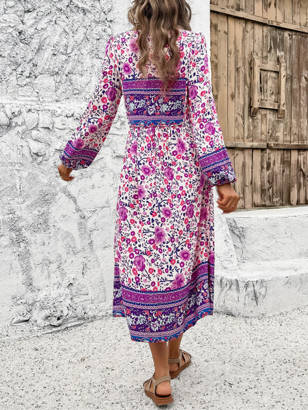 Boho Dresses- Boho Floral V-Neck Tunic Midi Dress with Lantern Sleeves- - Pekosa Women Fashion