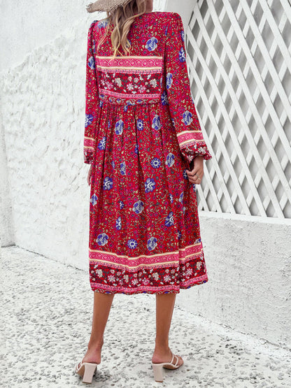 Boho Dresses- Boho Floral V-Neck Tunic Midi Dress with Lantern Sleeves- - Pekosa Women Fashion