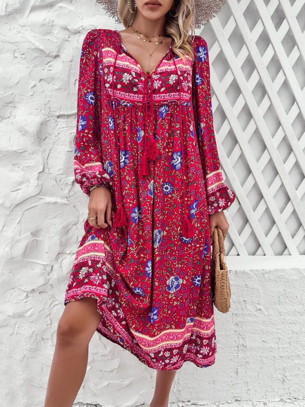 Boho Dresses- Boho Floral V-Neck Tunic Midi Dress with Lantern Sleeves- - Pekosa Women Fashion