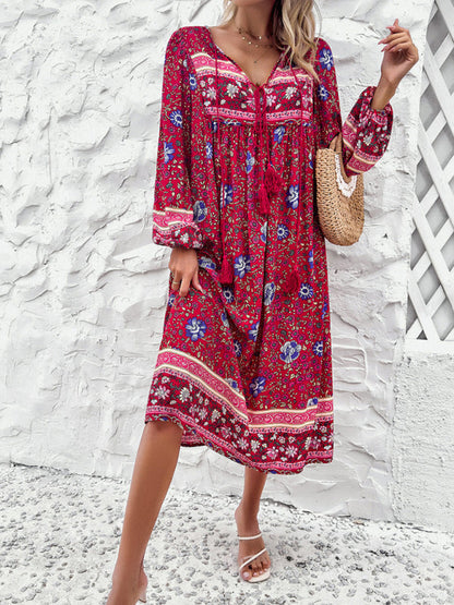 Boho Dresses- Boho Floral V-Neck Tunic Midi Dress with Lantern Sleeves- - Pekosa Women Fashion