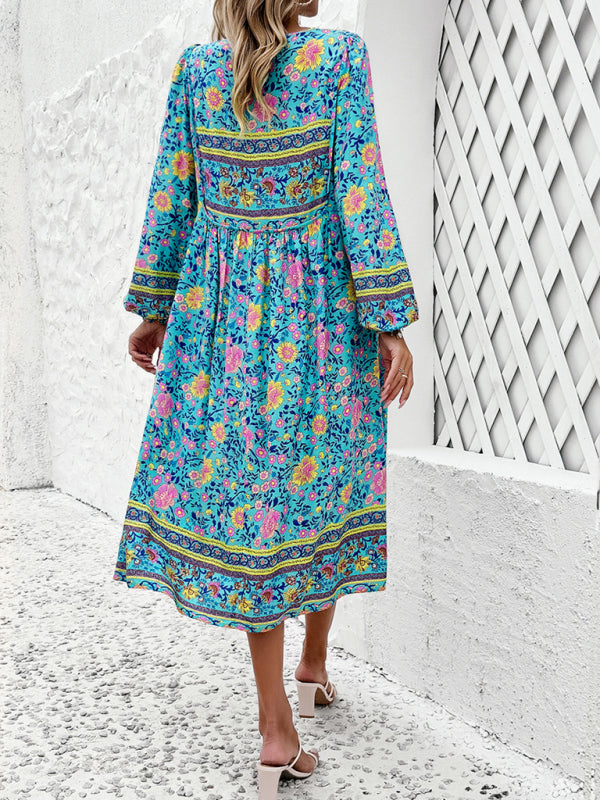 Boho Dresses- Boho Floral V-Neck Tunic Midi Dress with Lantern Sleeves- - Pekosa Women Fashion