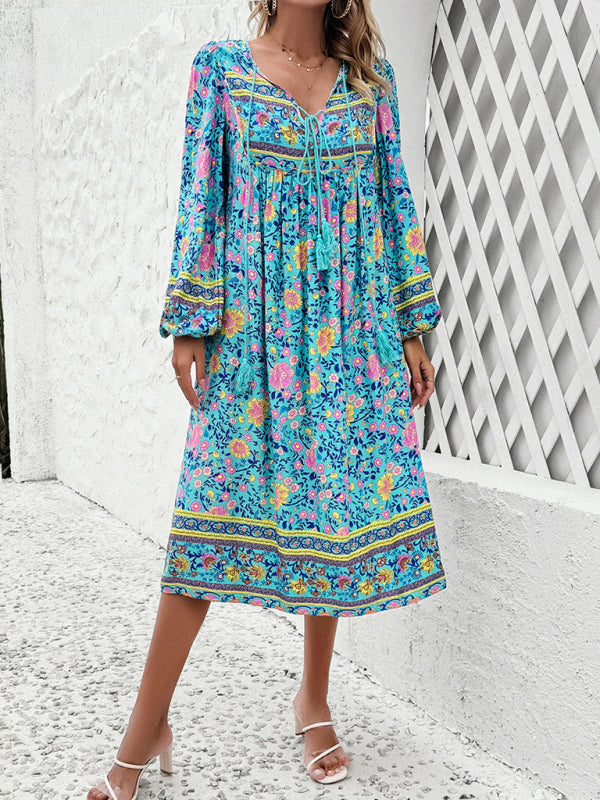 Boho Dresses- Boho Floral V-Neck Tunic Midi Dress with Lantern Sleeves- - Pekosa Women Fashion