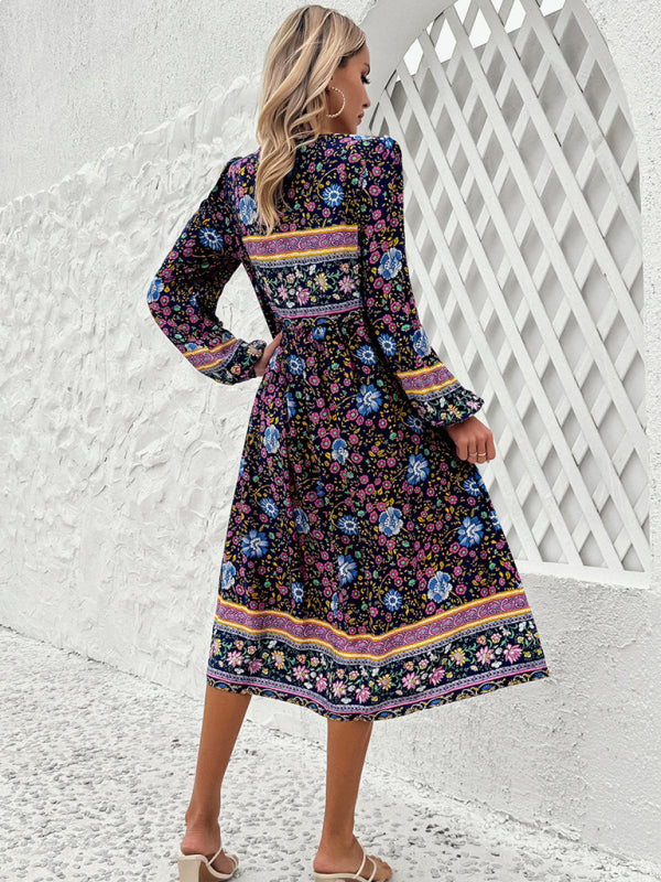 Boho Dresses- Boho Floral V-Neck Tunic Midi Dress with Lantern Sleeves- - Pekosa Women Fashion