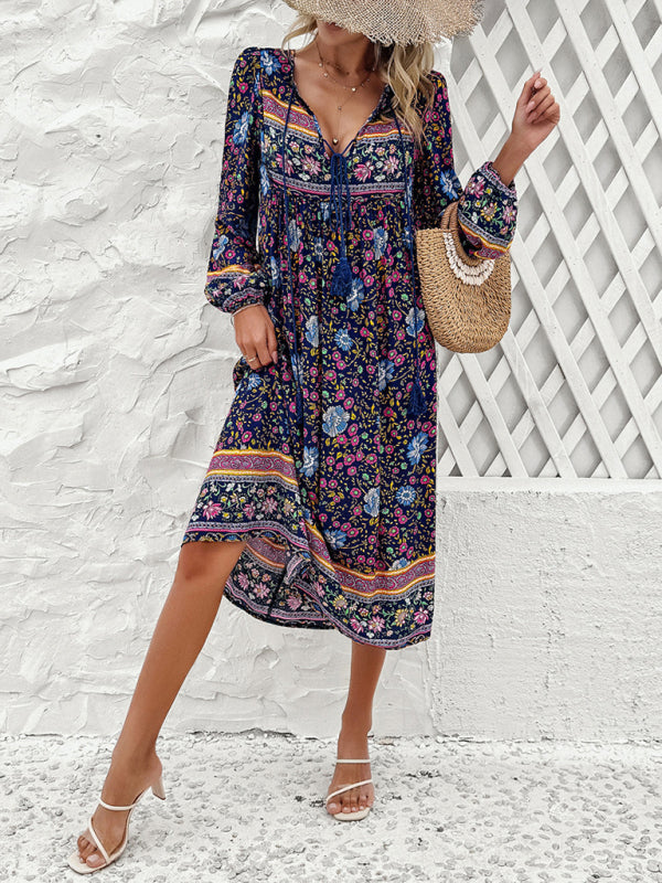 Boho Dresses- Boho Floral V-Neck Tunic Midi Dress with Lantern Sleeves- - Pekosa Women Fashion