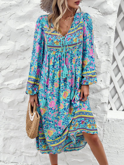 Boho Dresses- Boho Floral V-Neck Tunic Midi Dress with Lantern Sleeves- Blue- Pekosa Women Fashion