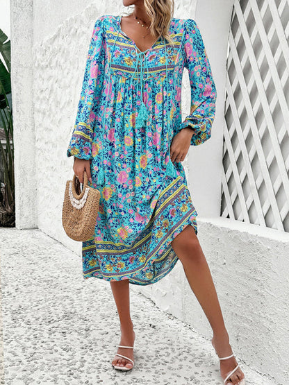 Boho Dresses- Boho Floral V-Neck Tunic Midi Dress with Lantern Sleeves- - Pekosa Women Fashion