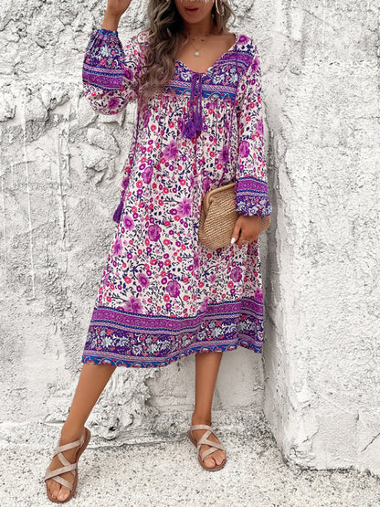 Boho Dresses- Boho Floral V-Neck Tunic Midi Dress with Lantern Sleeves- Purple- Pekosa Women Fashion