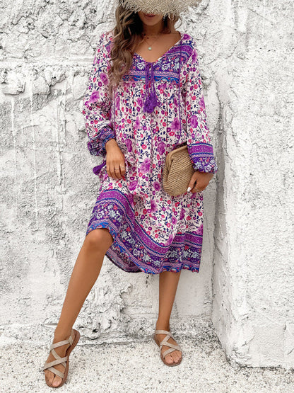 Boho Dresses- Boho Floral V-Neck Tunic Midi Dress with Lantern Sleeves- - Pekosa Women Fashion