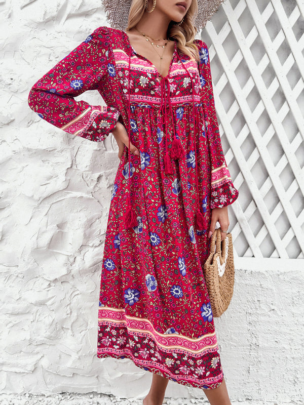 Boho Dresses- Boho Floral V-Neck Tunic Midi Dress with Lantern Sleeves- - Pekosa Women Fashion