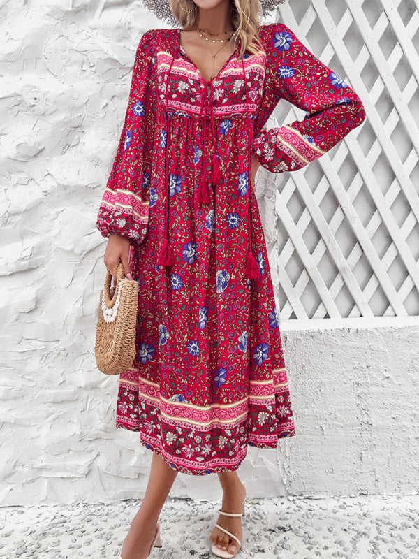 Boho Dresses- Boho Floral V-Neck Tunic Midi Dress with Lantern Sleeves- Red- Pekosa Women Fashion