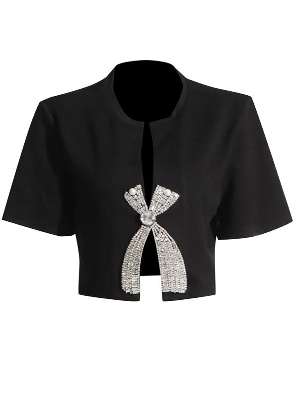 Boleros- Sparkle Beaded Bow Crop Top Shrug - Bolero with Short Sleeves- - Pekosa Women Fashion