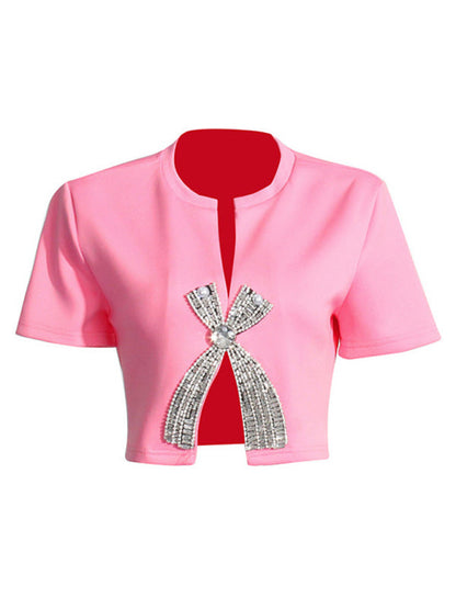 Boleros- Sparkle Beaded Bow Crop Top Shrug - Bolero with Short Sleeves- Pink- Pekosa Women Fashion