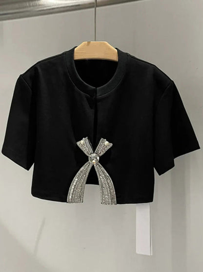 Boleros- Sparkle Beaded Bow Crop Top Shrug - Bolero with Short Sleeves- Black- Pekosa Women Fashion