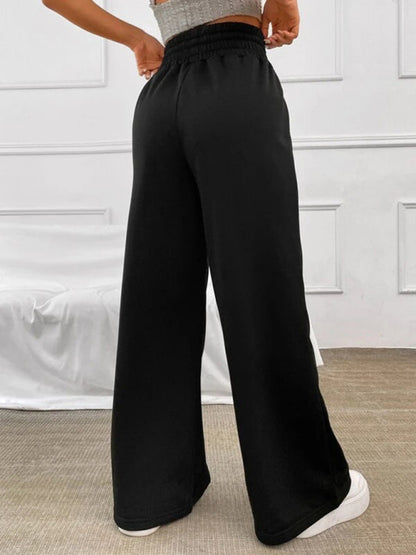 Bottoms- Solid Wide-Leg Pants - Wide Waistband High-Rise Trousers- - Pekosa Women Clothing