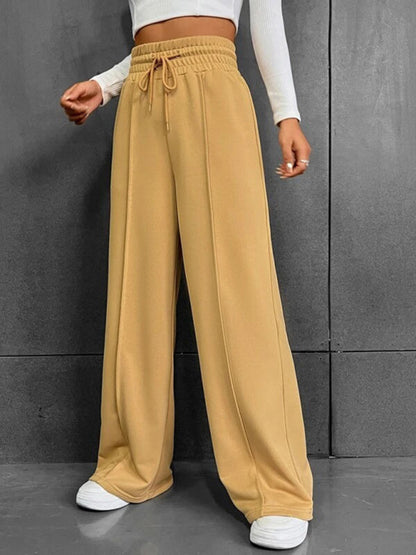 Bottoms- Solid Wide-Leg Pants - Wide Waistband High-Rise Trousers- - Pekosa Women Clothing