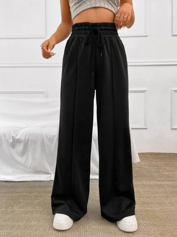 Bottoms- Solid Wide-Leg Pants - Wide Waistband High-Rise Trousers- Black- Pekosa Women Clothing