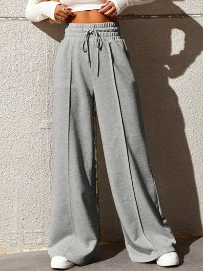 Bottoms- Solid Wide-Leg Pants - Wide Waistband High-Rise Trousers- Grey- Pekosa Women Clothing