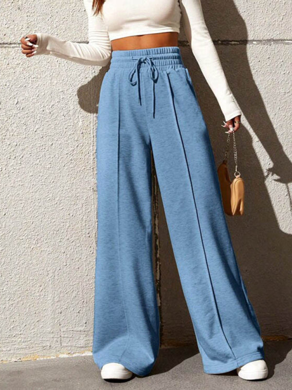 Bottoms- Solid Wide-Leg Pants - Wide Waistband High-Rise Trousers- Sky blue azure- Pekosa Women Clothing