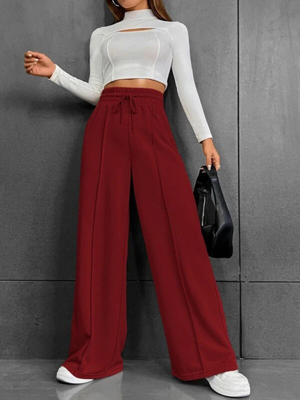 Bottoms- Solid Wide-Leg Pants - Wide Waistband High-Rise Trousers- Wine Red- Pekosa Women Clothing