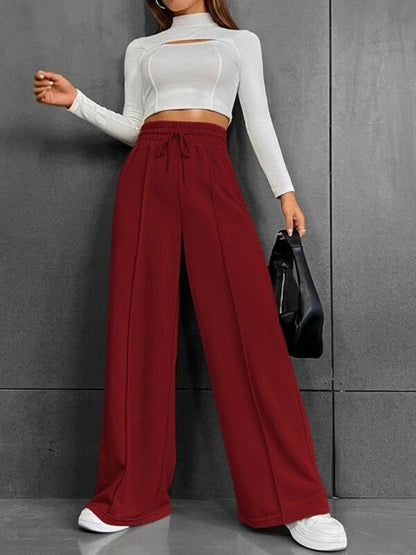 Bottoms- Solid Wide-Leg Pants - Wide Waistband High-Rise Trousers- Wine Red- Pekosa Women Clothing