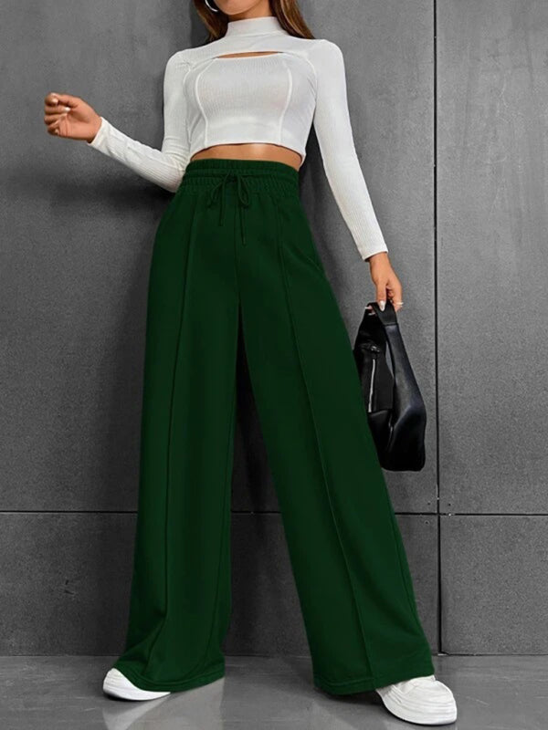 Bottoms- Solid Wide-Leg Pants - Wide Waistband High-Rise Trousers- Green black jasper- Pekosa Women Clothing