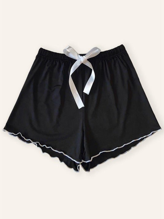 Boyshorts- Adjustable Waist Loungewear Shorts with Contrast Binding- Black- Pekosa Women Clothing