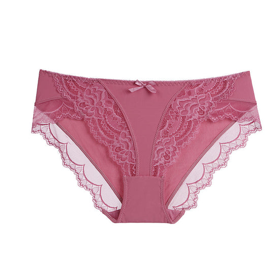 Briefs- Women's Floral Lace Low-Waist Panty Briefs- Hot pink- Pekosa Women Clothing