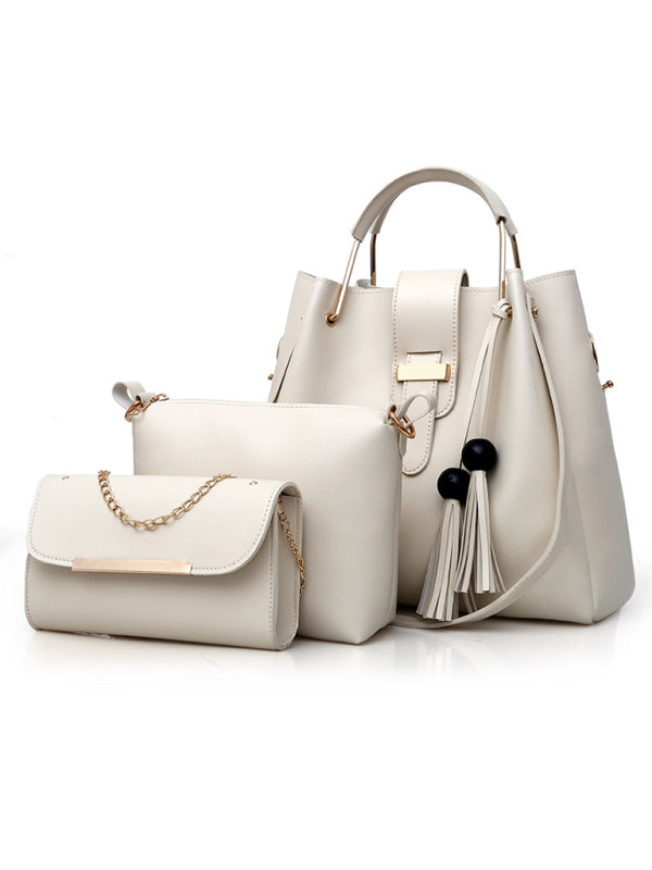 Bucket Bags- Faux Leather 3-Piece Handbags - Bucket Bag, Messenger, and Clutch- Cream- Pekosa Women Clothing