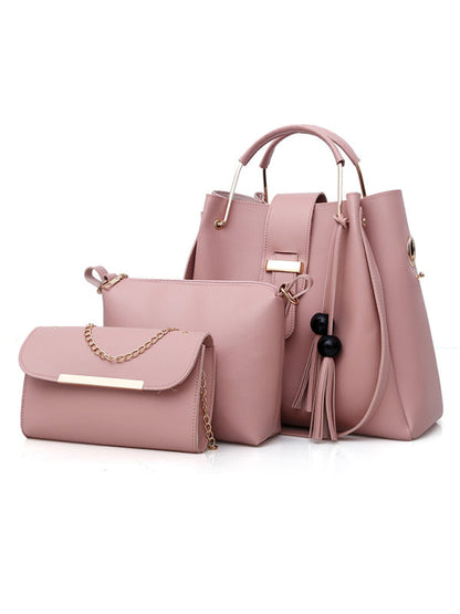 Bucket Bags- Faux Leather 3-Piece Handbags - Bucket Bag, Messenger, and Clutch- Pink- Pekosa Women Clothing