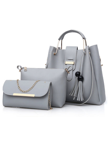 Bucket Bags- Faux Leather 3-Piece Handbags - Bucket Bag, Messenger, and Clutch- Grey- Pekosa Women Clothing