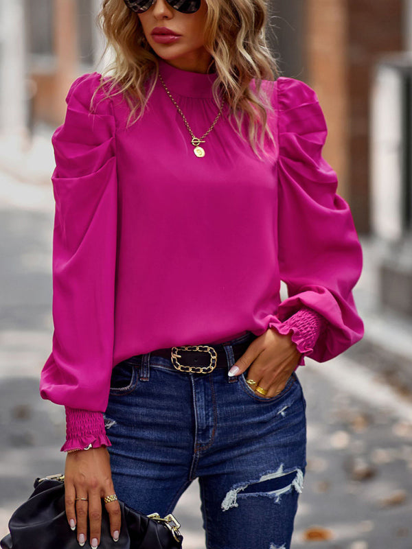 Business Casual Blouses- High Collar Blouse with Puff Sleeves- - Pekosa Women Clothing